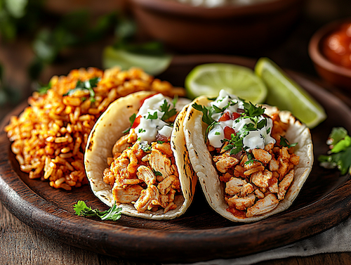 Chicken Tinga Tacos, Spanish Rice & Refried Beans