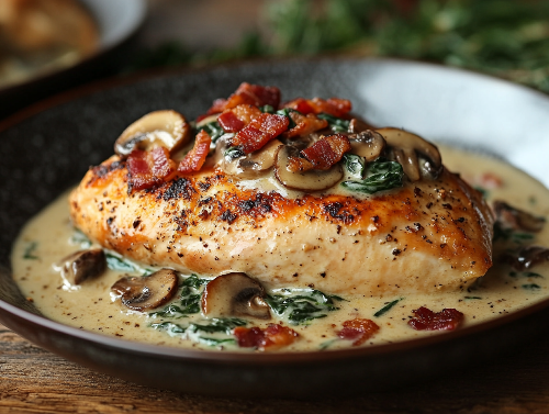 Bacon Mushroom Chicken, Cream Spinach, Veggies