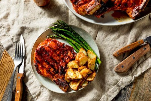 BBQ Pork Chops, Savory Potatoes and Asparagus