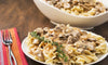 Classic Beef Stroganoff. A rich mushroom gravy over tender steak tips and buttery pappardelle pasta gives this dish a rich and hearty flavor.  This dish is enough for two servings.