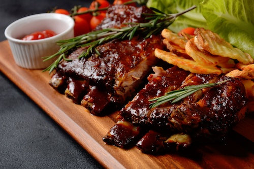 Black Cherry Glazed Ribs, Potato Casserole, Sweet Corn