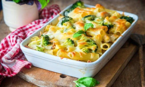 Broccoli Chicken Ziti. You will love our light broccoli chicken ziti bake. A generous serving for two is loaded with chicken, broccoli, Italian seasonings, in a light pesto cream sauce topped with cheddar cheese and parmesan.