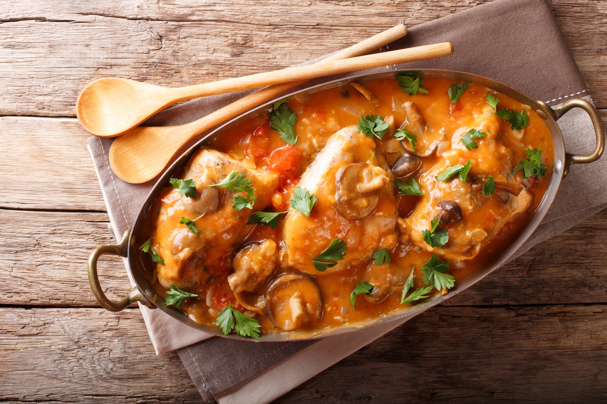 Chicken Chasseur - Low Carb. A French classic that never seems to go out of style, this dish combines mushrooms and organic chicken breast in a tomato, cognac, white-wine sauce served with veggies.