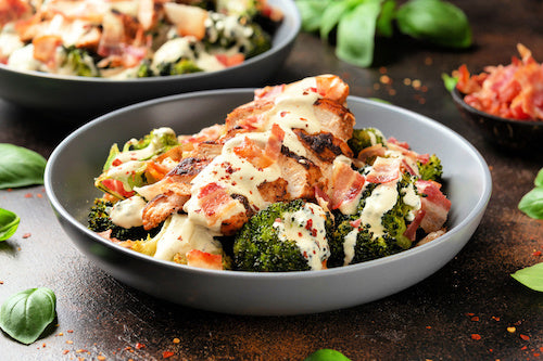 Chicken in Champagne Bacon Cream Sauce, Broccoli, Pasta