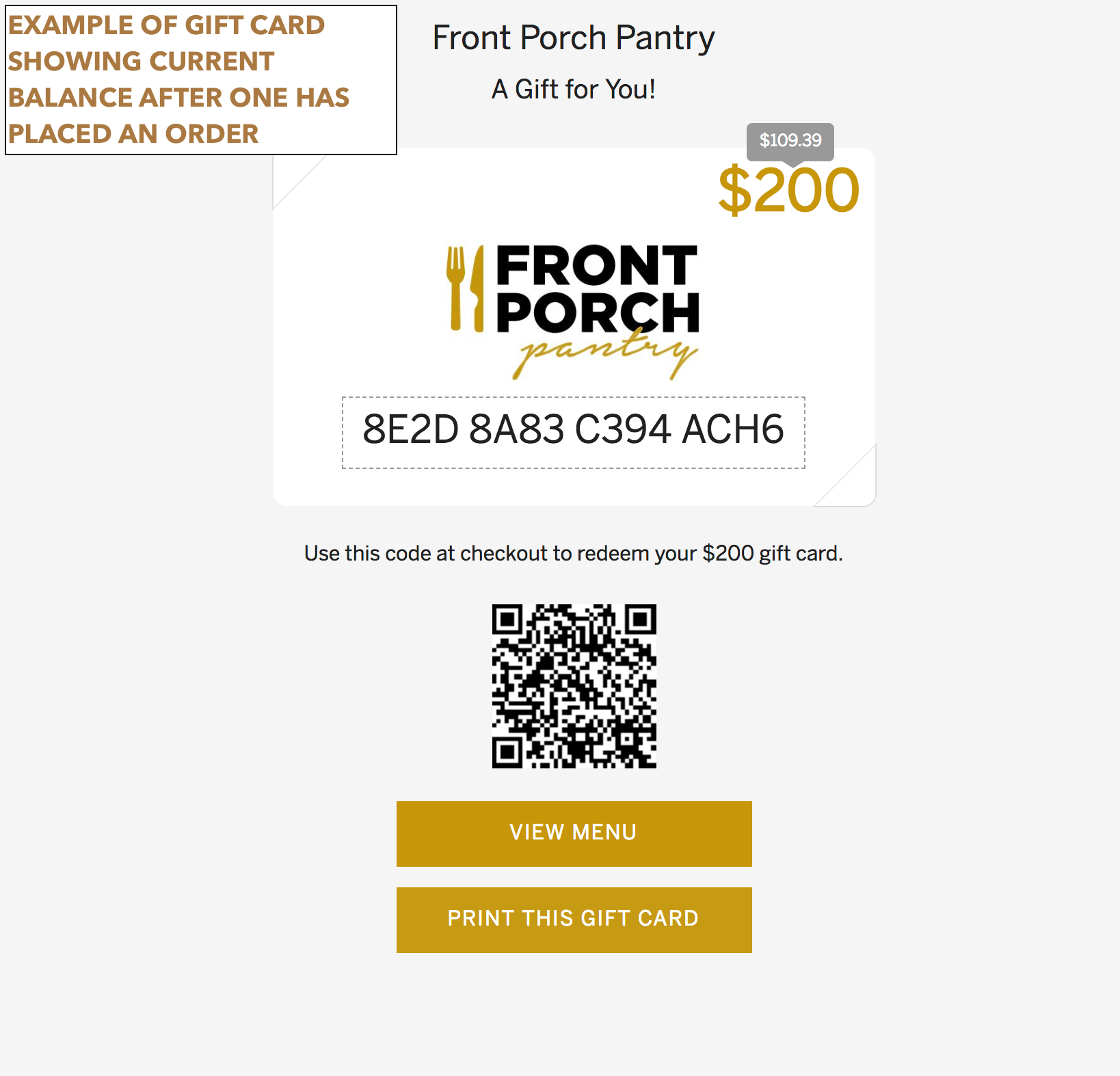 Gift Card Front Example Code GIFT CARD - Front Porch Pantry