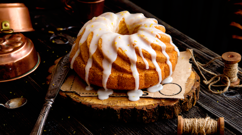 Egg Nog Cake Topped with White Chocolate Latte Ganache