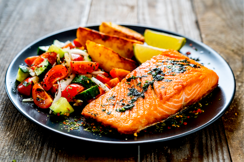 Cast Iron King Salmon, Roasted Potatoes, & Veggies