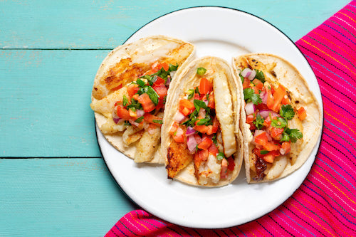 Fresh Fish Trio of Tacos, Queso, Salsa