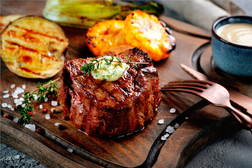 Juicy Filet Mignon Steak, Mashed Potatoes, Vegetables