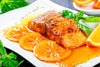Orange Glazed Salmon, Sweet Potato Cubes, Veggies