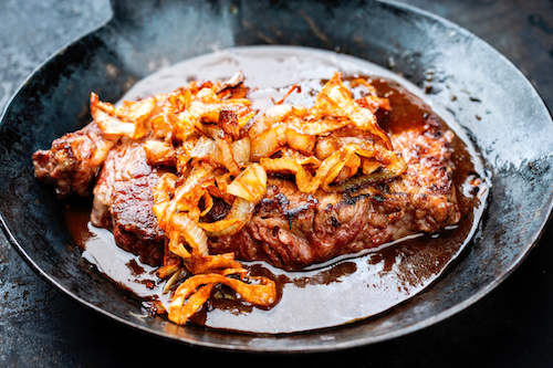 Texas Style Prime Ribeye, Skillet Onions, Mashed Potatoes