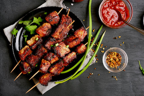 BBQ Beef Tenderloin Kabobs, Au Gratin Potatoes, Broccoli