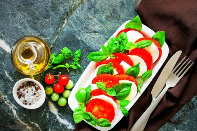 Caprese Salad with Fresh Mozzarella. Our Fresh Caprese Salad comes with fresh BelGioioso fresh mozzarella cheese, sliced tomatoes, fresh pesto, balsamic glaze and champagne dressing, over fresh artisan greens. Light, flavorful, delicious!