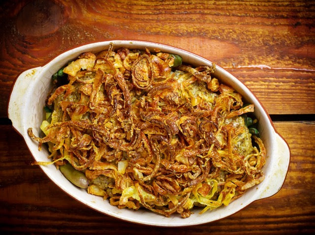 Creamed Spinach Casserole with Crispy Onions
