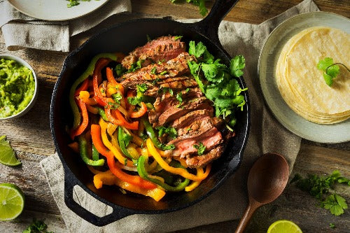 Grilled Beef Fajitas, Peppers, Guacamole and Power Greens - Low Carb