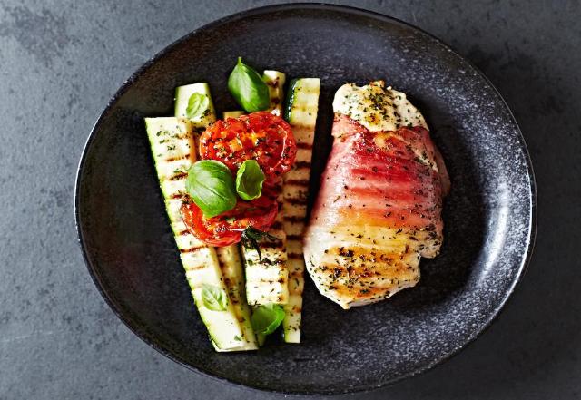 Grilled Chicken with Proscuitto Zucchini and Tomatoes