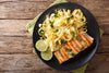 Our fresh organic salmon is basted with basil citrus seasoning and serves with our sautéed pappardelle pasta (wide butter noodles), low fat and low sodium dish, that is rich in flavor and generous in size. Light, fresh, delicious. Low carb, low sodium, paleo, keto friendly.